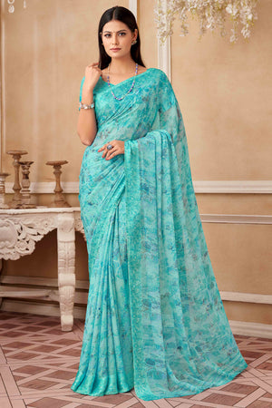 Blue Chiffon Saree With Delicate Prints & Elegant Satin Woven Border
