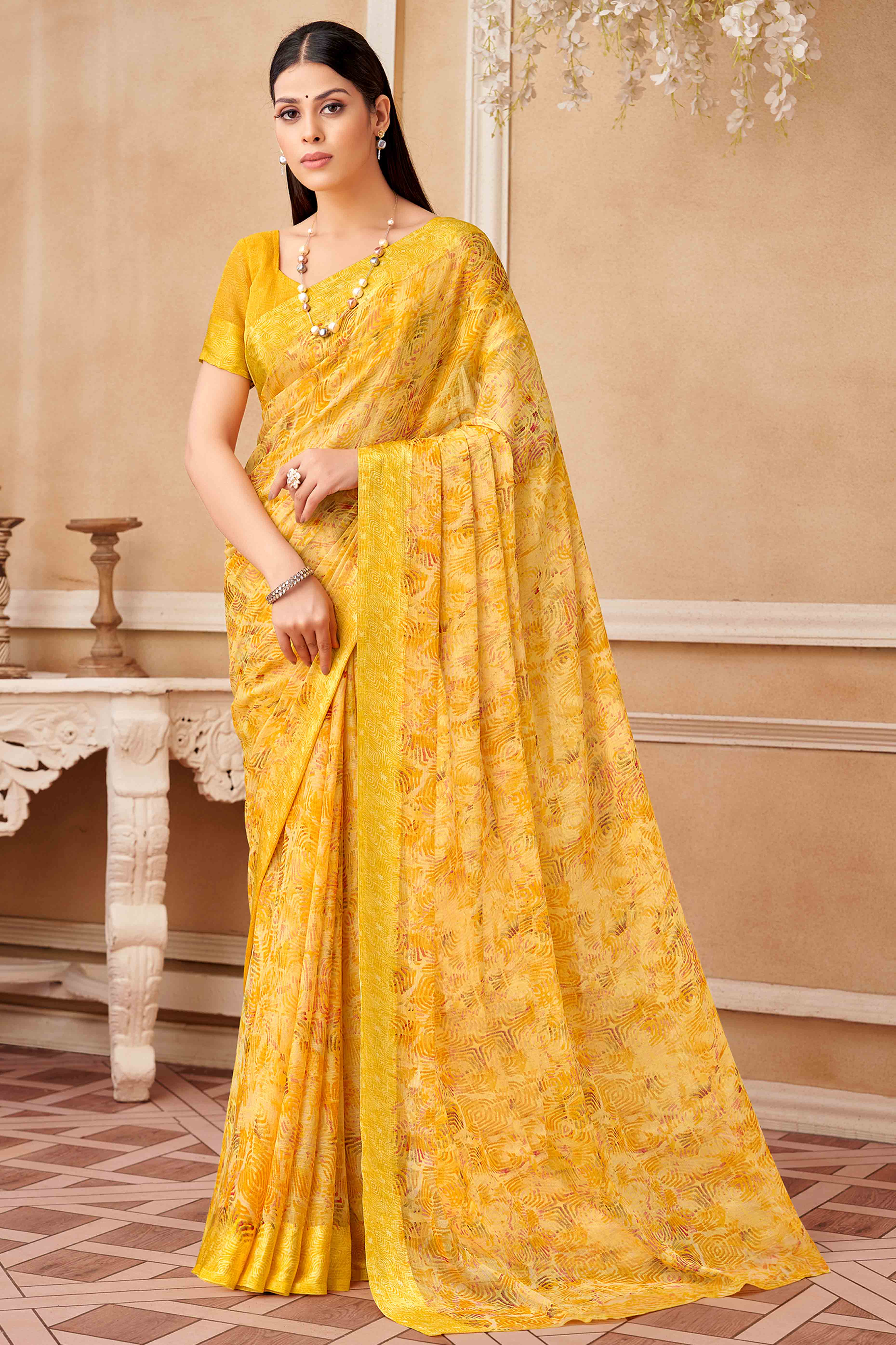 Mustard Chiffon Saree With Delicate Prints & Elegant Satin Woven Border
