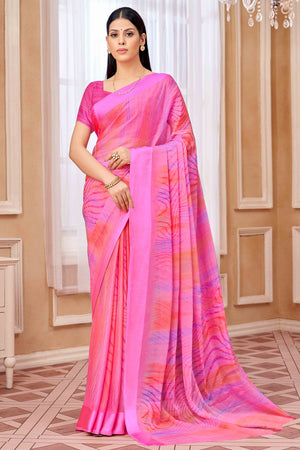 Rani Pink Chiffon Saree With Delicate Prints & Elegant Satin Woven Border