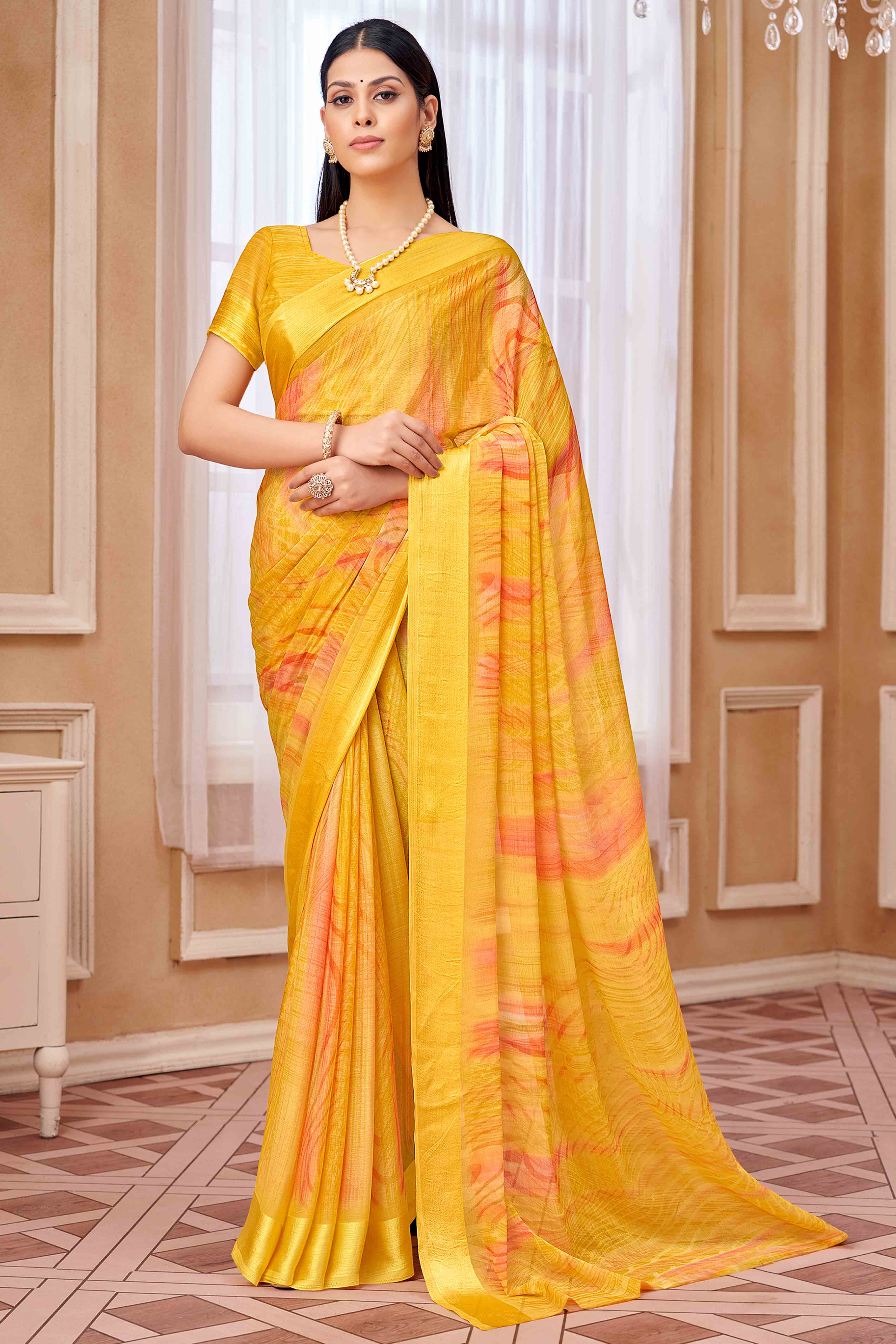 Mustard Chiffon Saree With Delicate Prints & Elegant Satin Woven Border