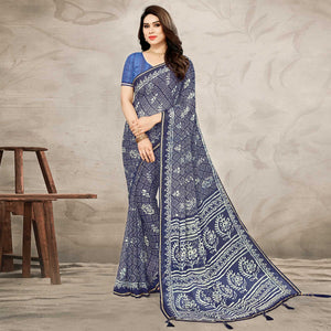 Blue Floral Printed Chiffon Saree