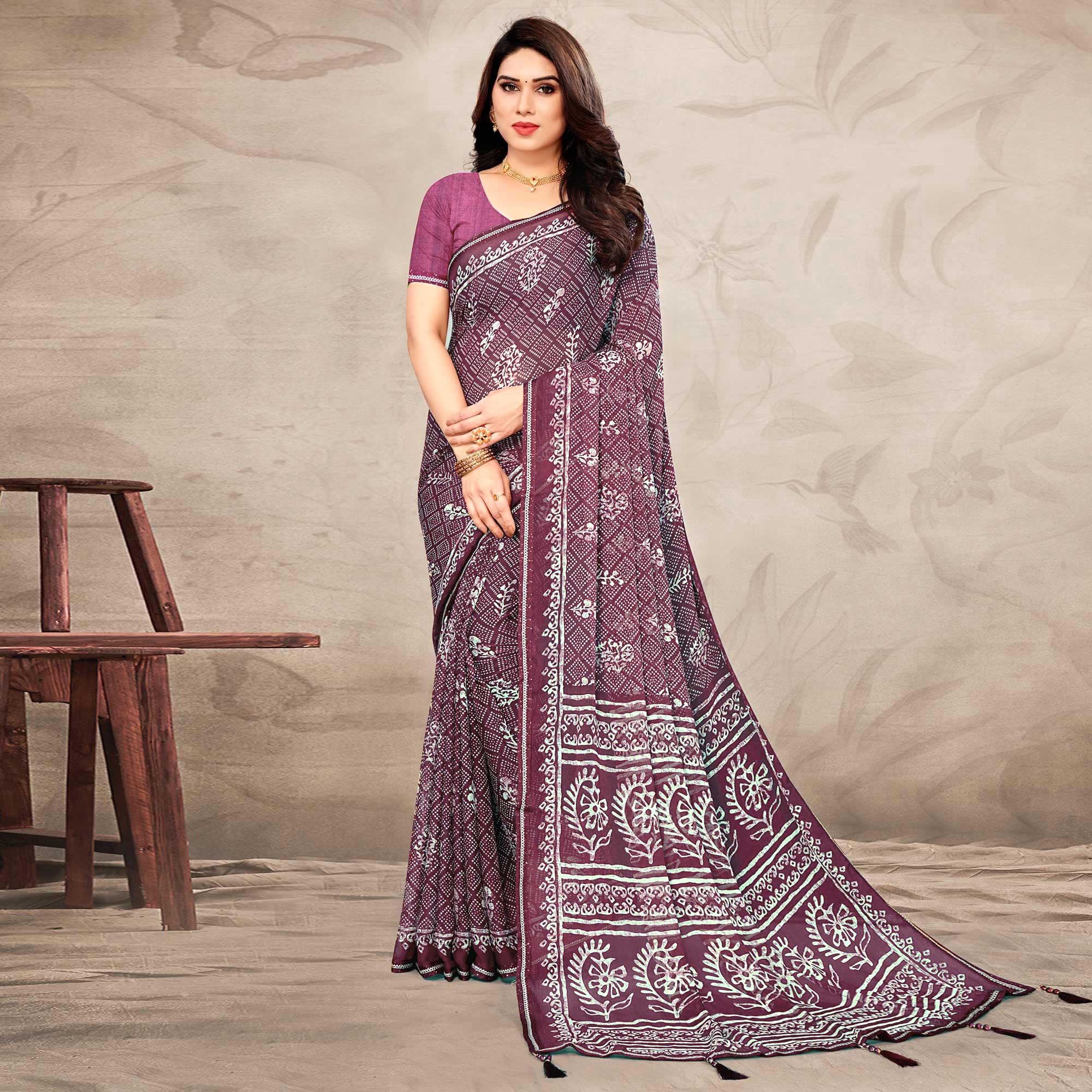 Purple Floral Printed Chiffon Saree