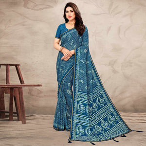 Blue Floral Printed Chiffon Saree