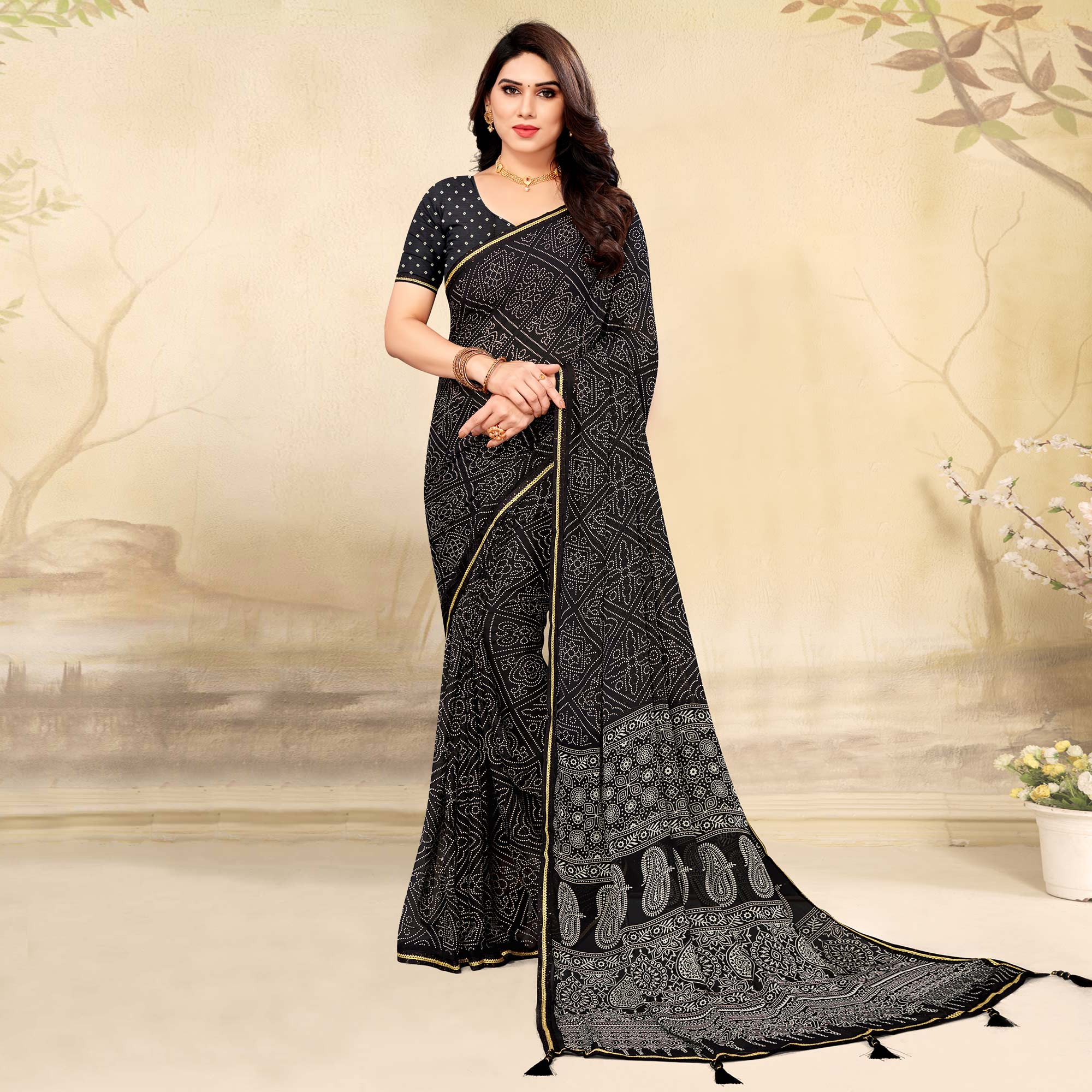 Black Bandhani Printed Chiffon Saree