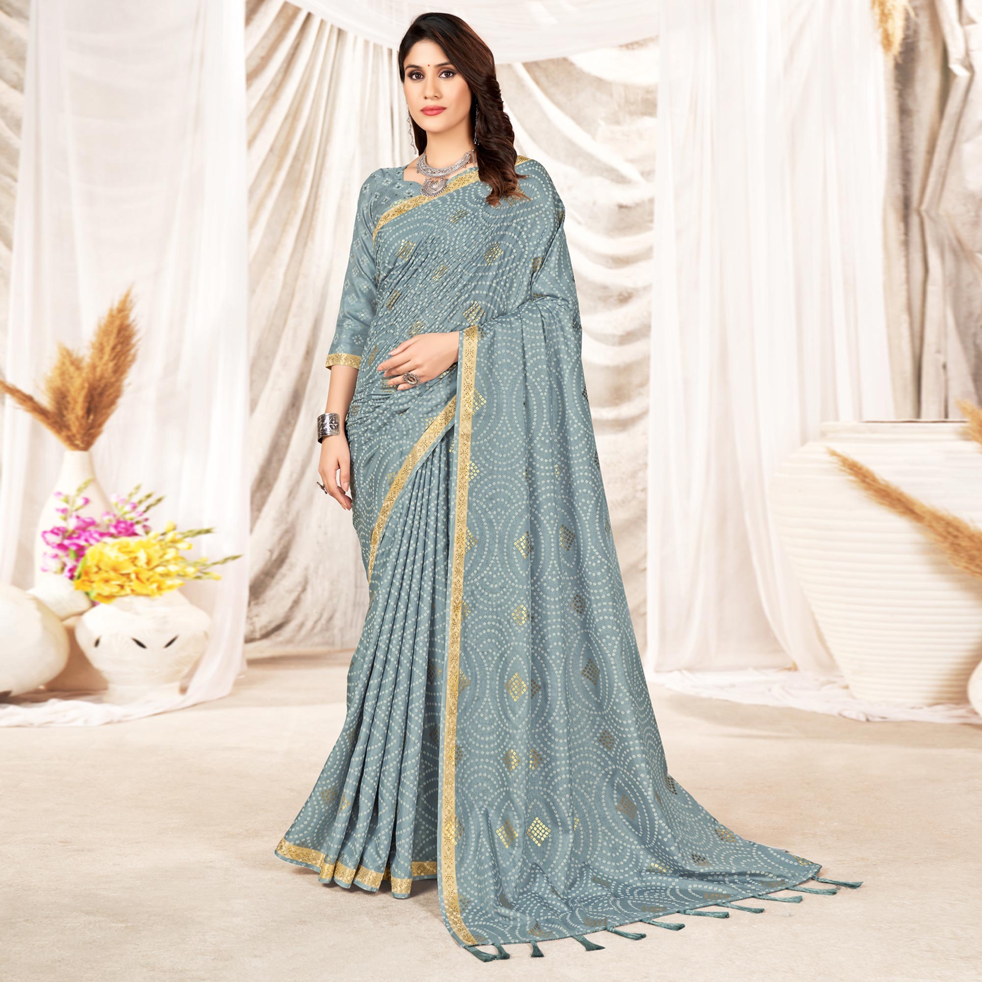 Grey Foil Printed Tussar Silk Saree With Tassels