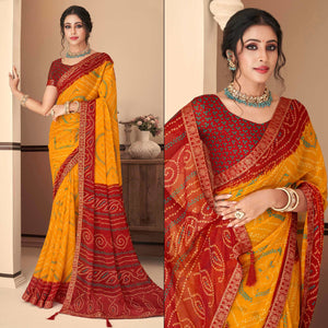 Yellow & Maroon Bandhani Printed Chiffon Saree With Lace Border