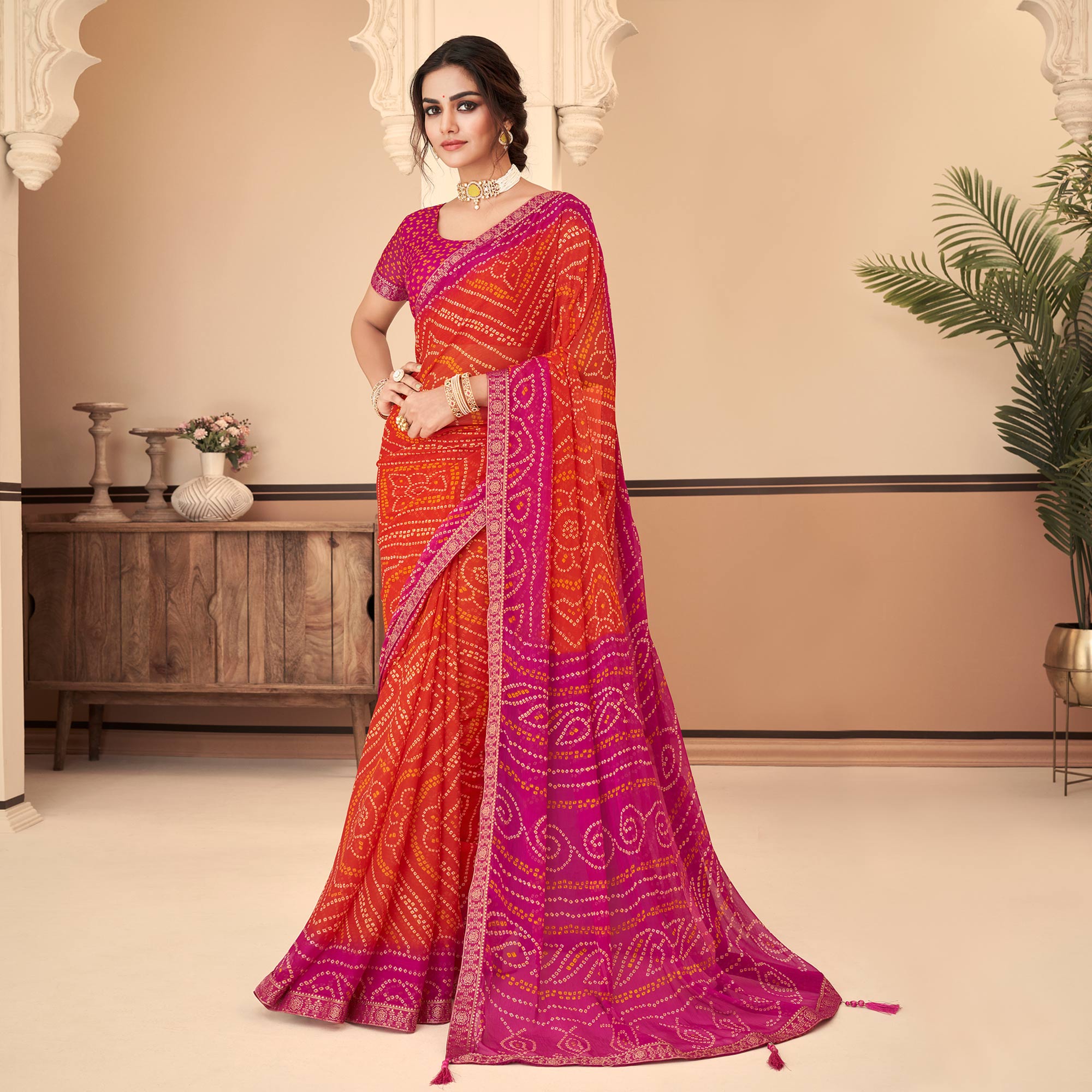 Red & Magenta Bandhani Printed Chiffon Saree With Lace Border
