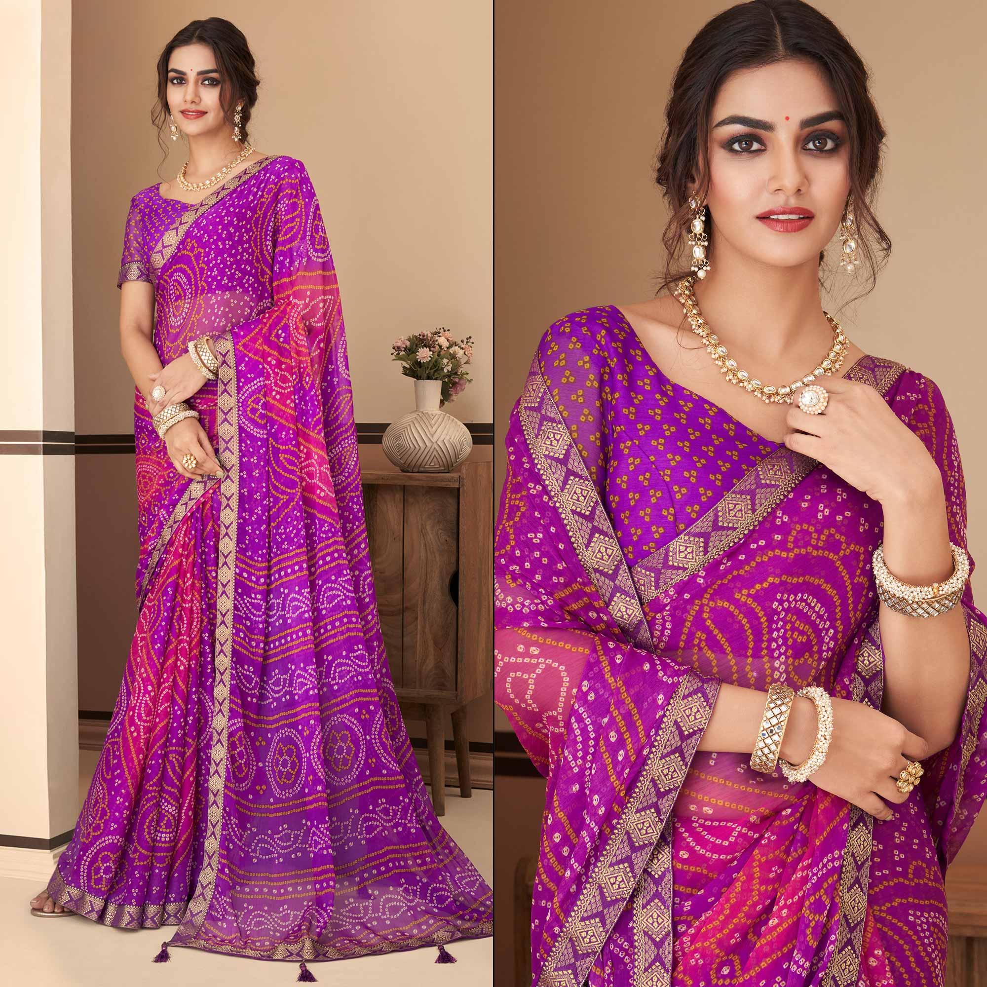 Purple Bandhani Printed Chiffon Saree With Lace Border