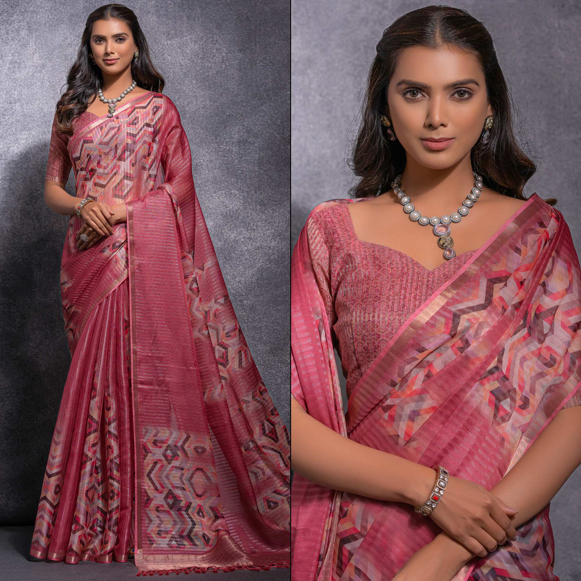 Pink Digital Printed Linen Saree With Woven Border