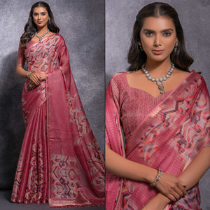 Pink Digital Printed Linen Saree With Woven Border