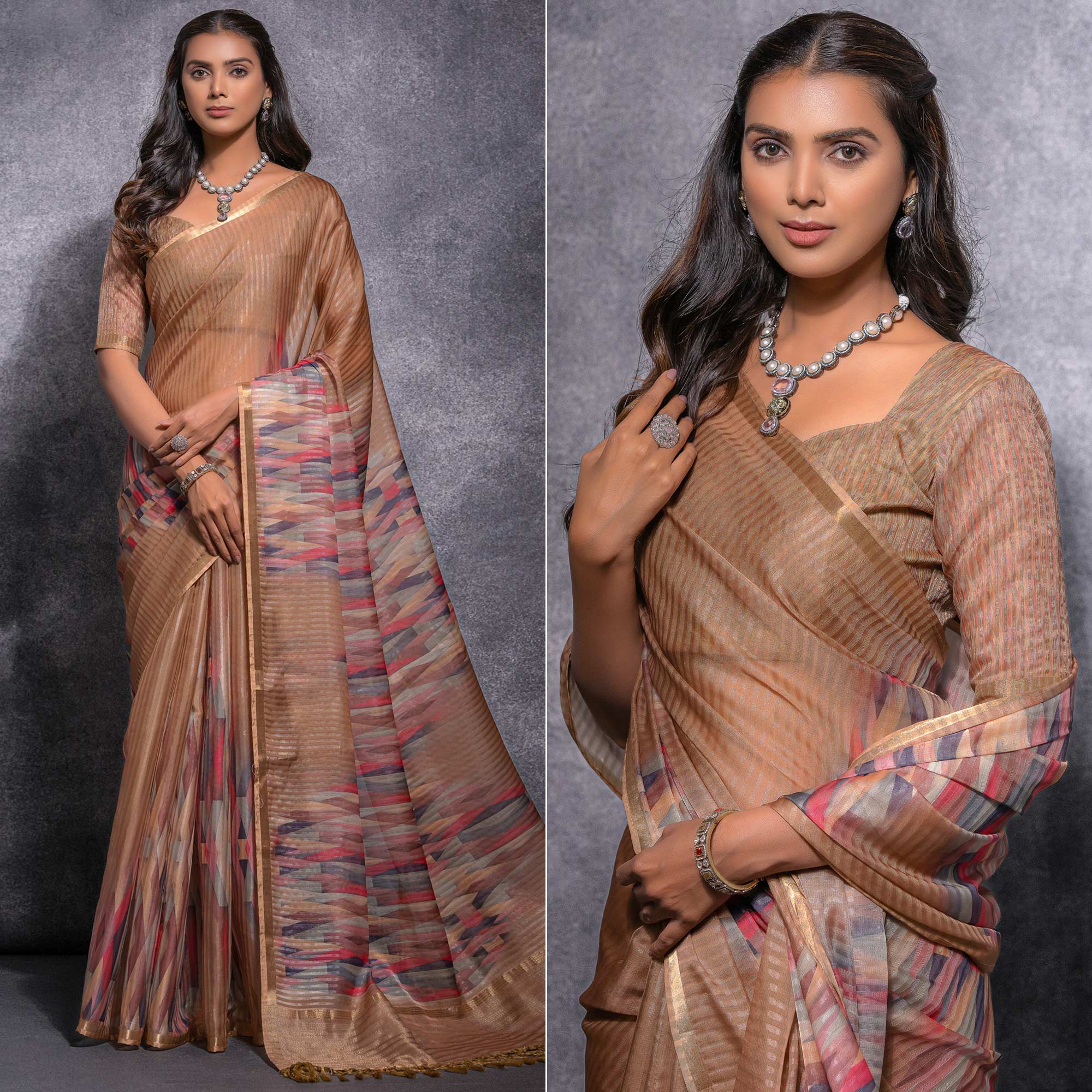 Chikoo Digital Printed Linen Saree With Woven Border