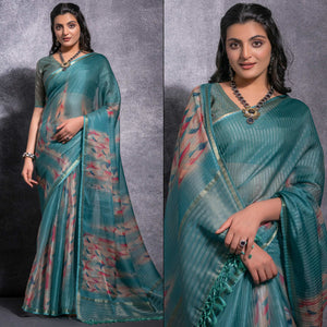 Rama Green Digital Printed Linen Saree With Woven Border