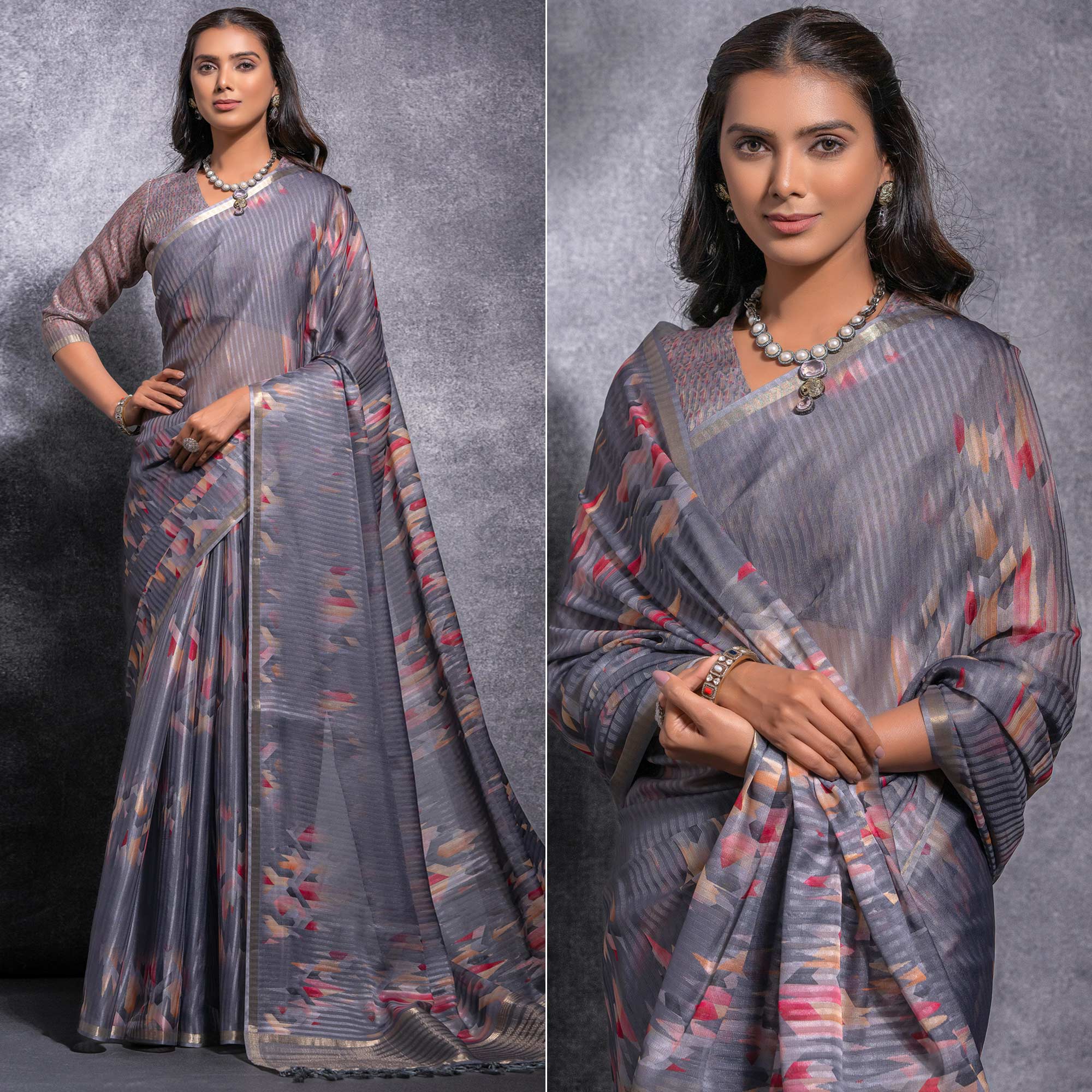 Grey Digital Printed Linen Saree With Woven Border