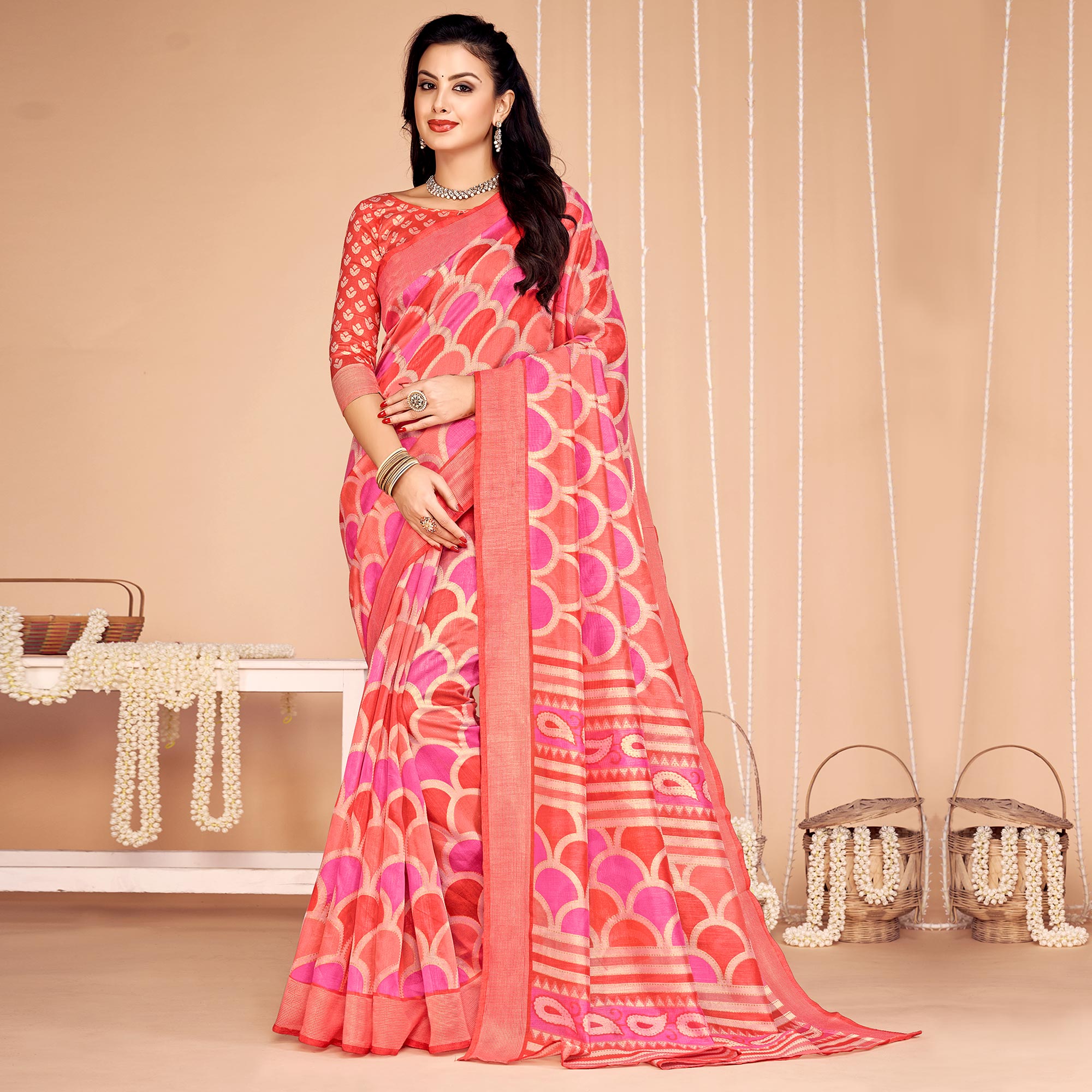 Salmon Pink Printed Tussar Silk Saree