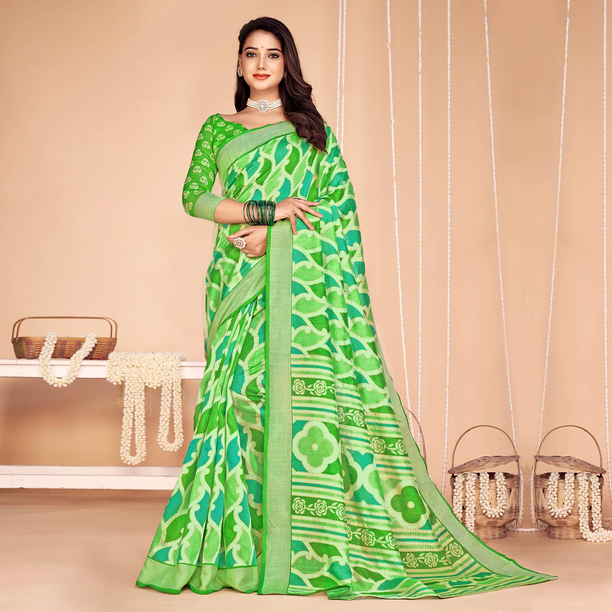 Green Printed Tussar Silk Saree