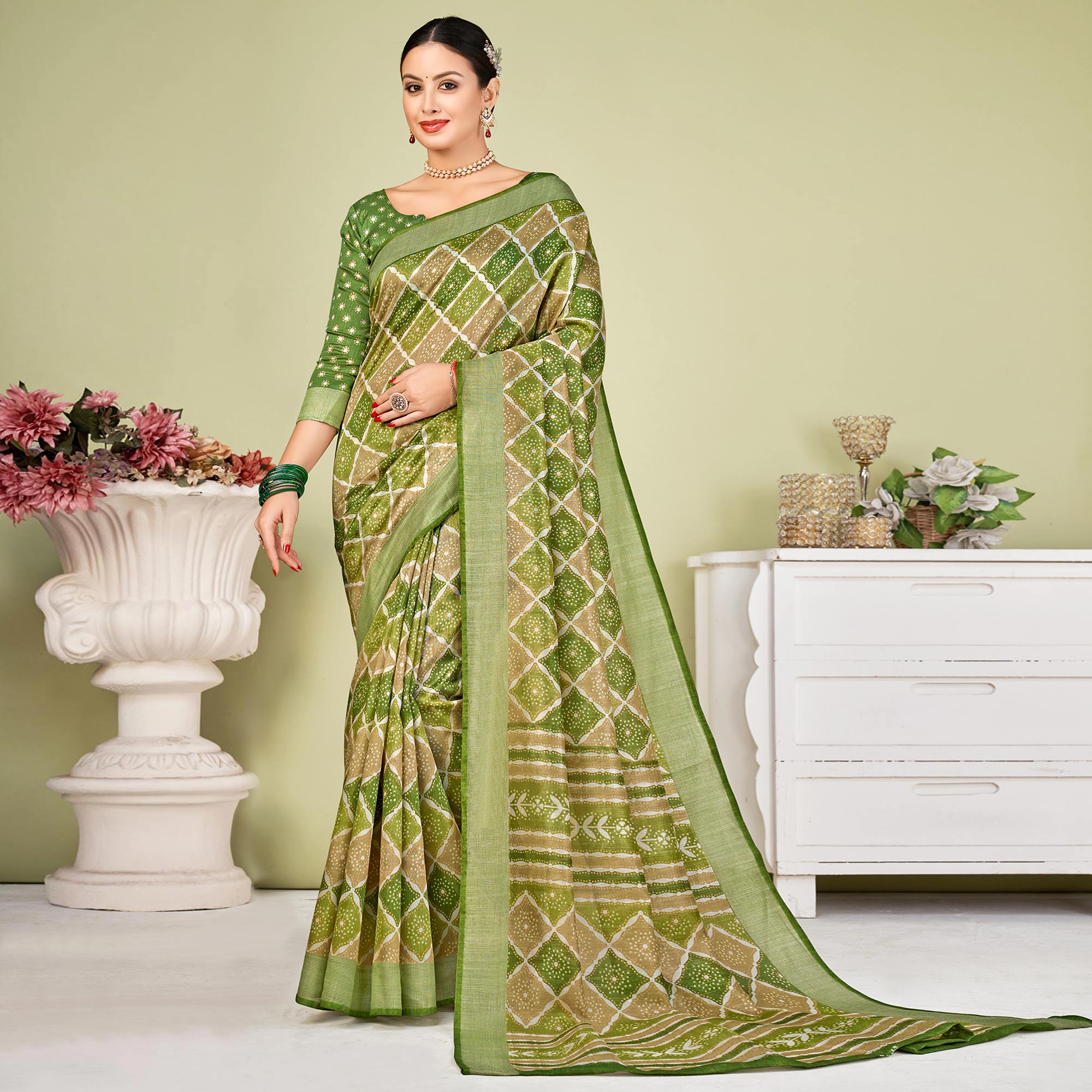 Olive Green Printed Tussar Silk Saree