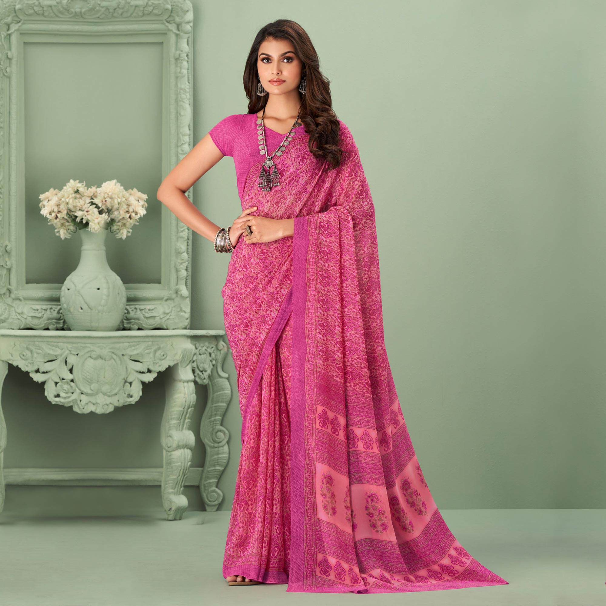 Pink Printed Georgette Saree