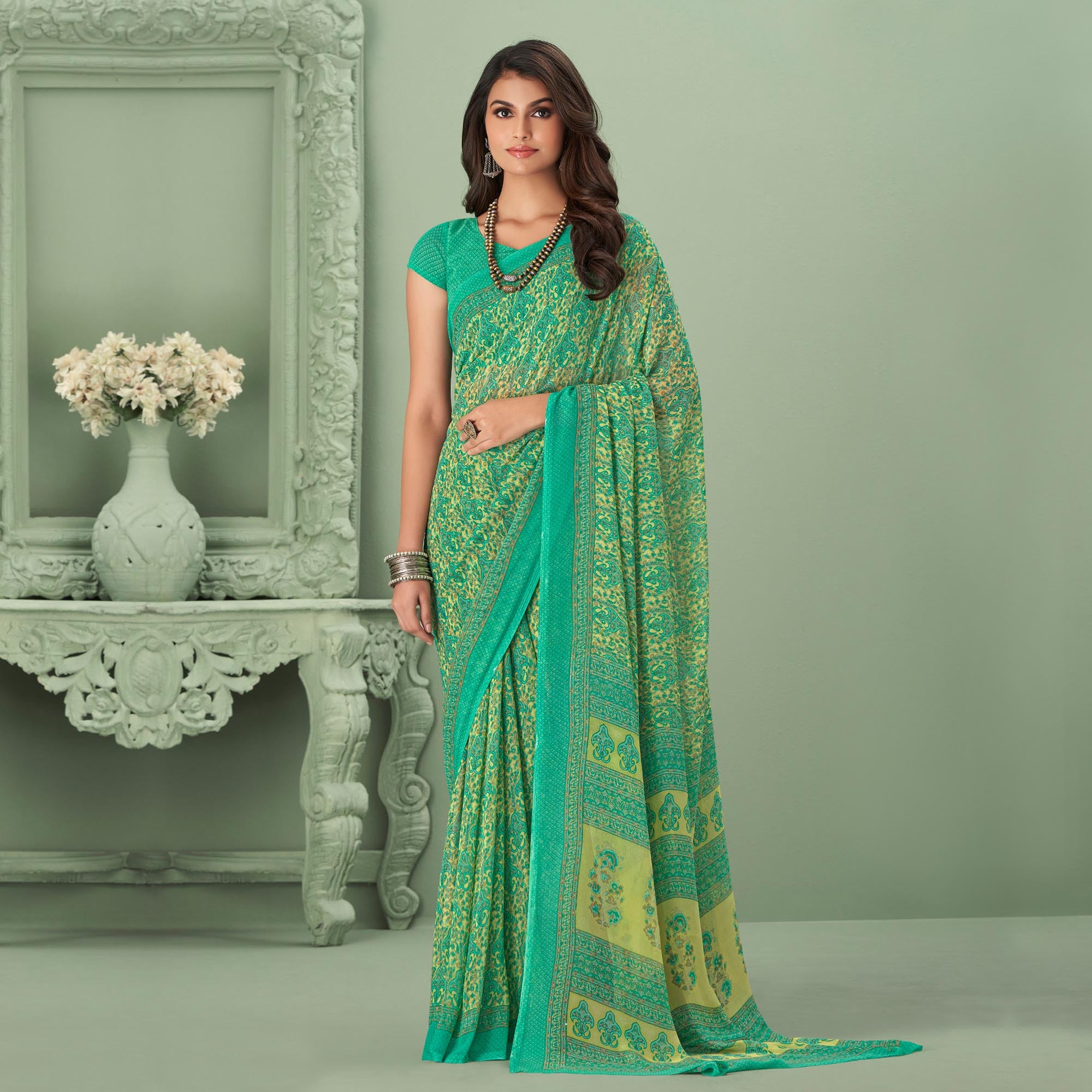 Green Printed Georgette Saree