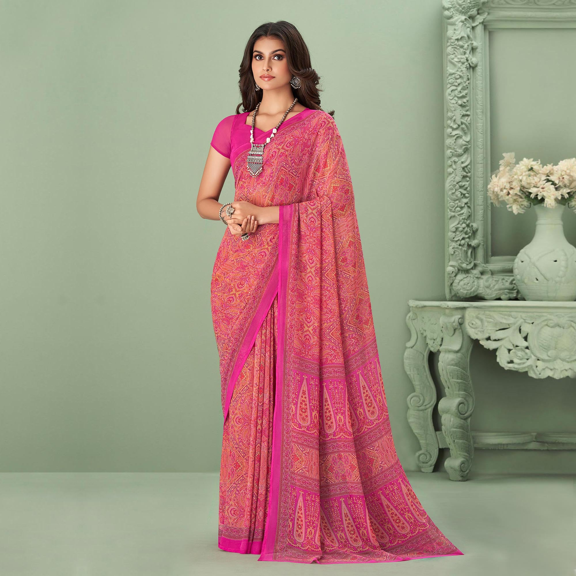 Pink Printed Georgette Saree