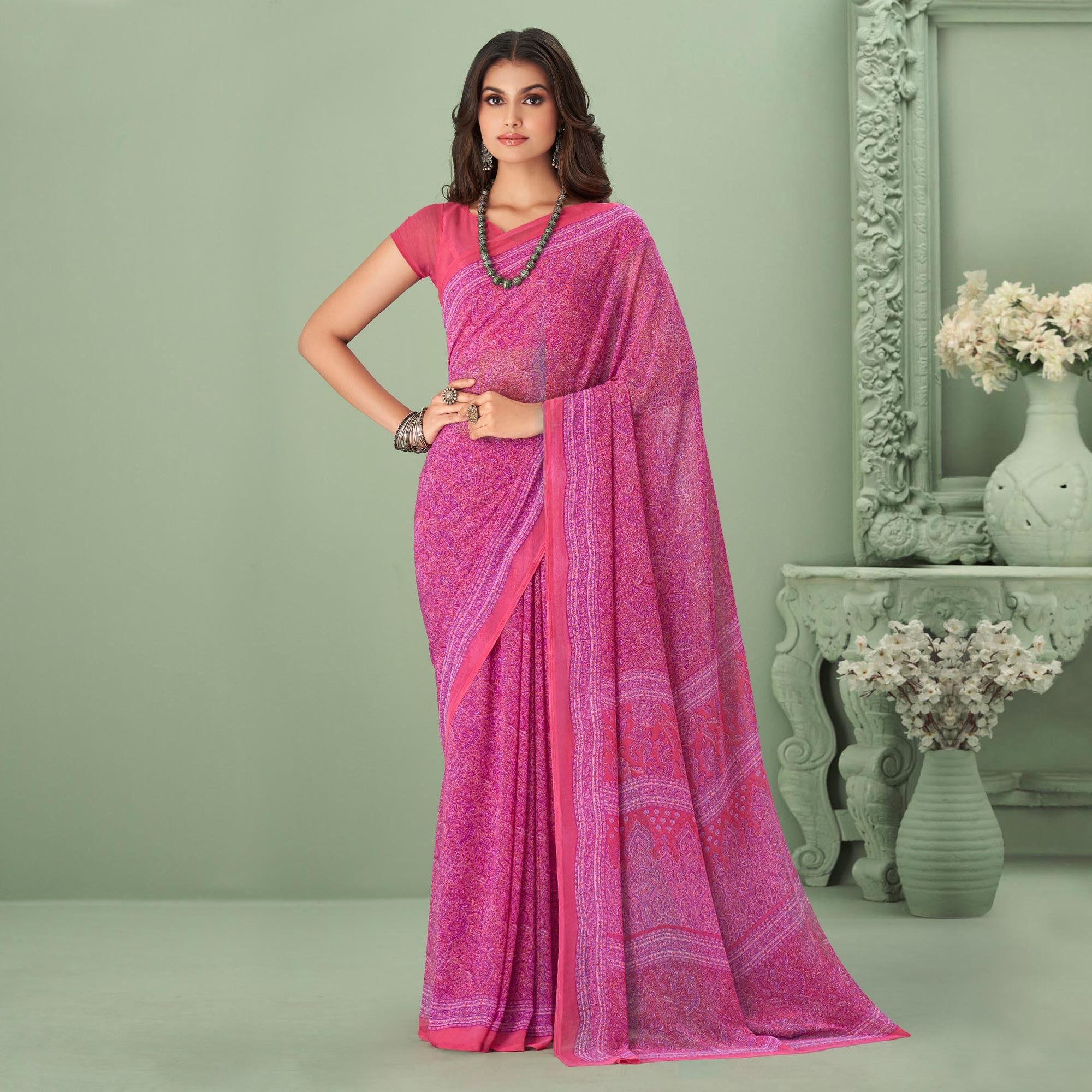 Pink Printed Georgette Saree