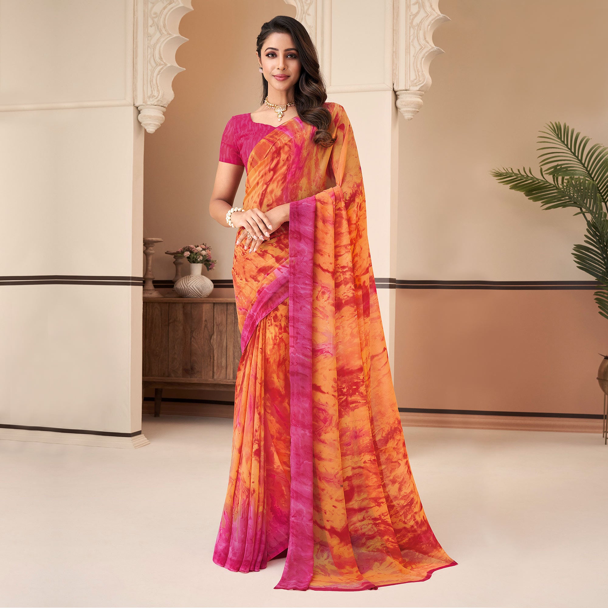 Orange Printed Georgette Saree
