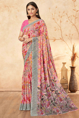 Pink Floral Printed Georgette Saree