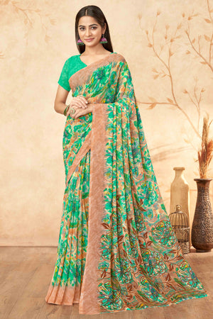 Green Floral Printed Georgette Saree