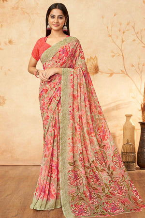 Gajri Pink Floral Printed Georgette Saree