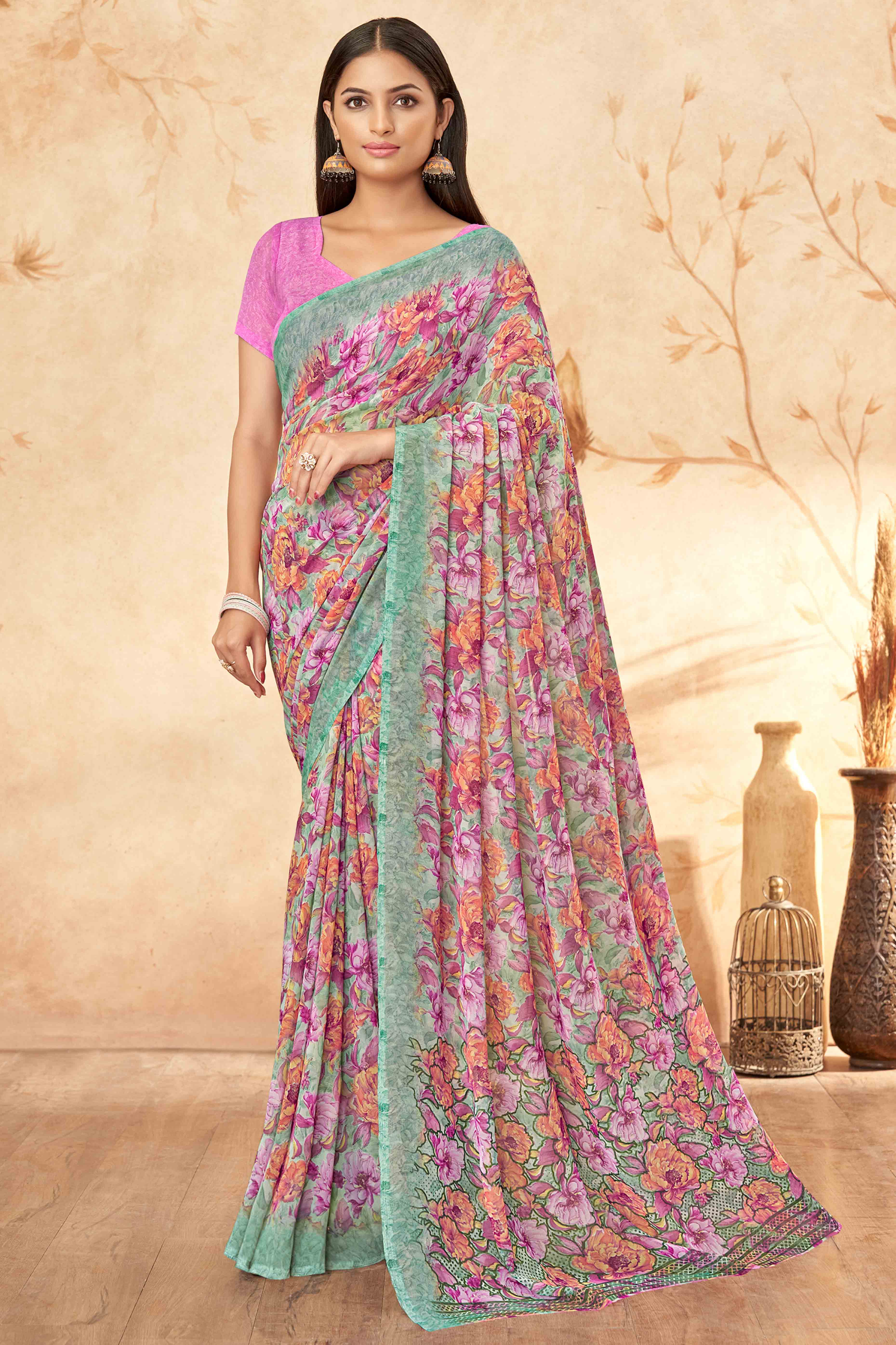 Pink Floral Printed Georgette Saree