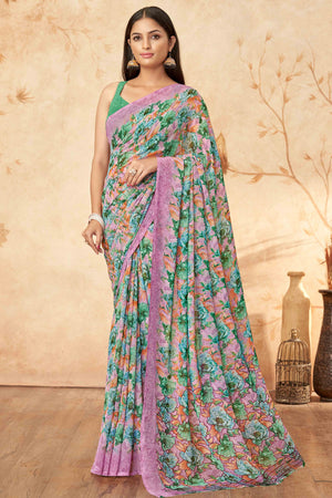 Green Floral Printed Georgette Saree