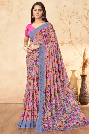 Grey Floral Printed Georgette Saree