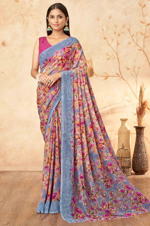Grey Floral Printed Georgette Saree