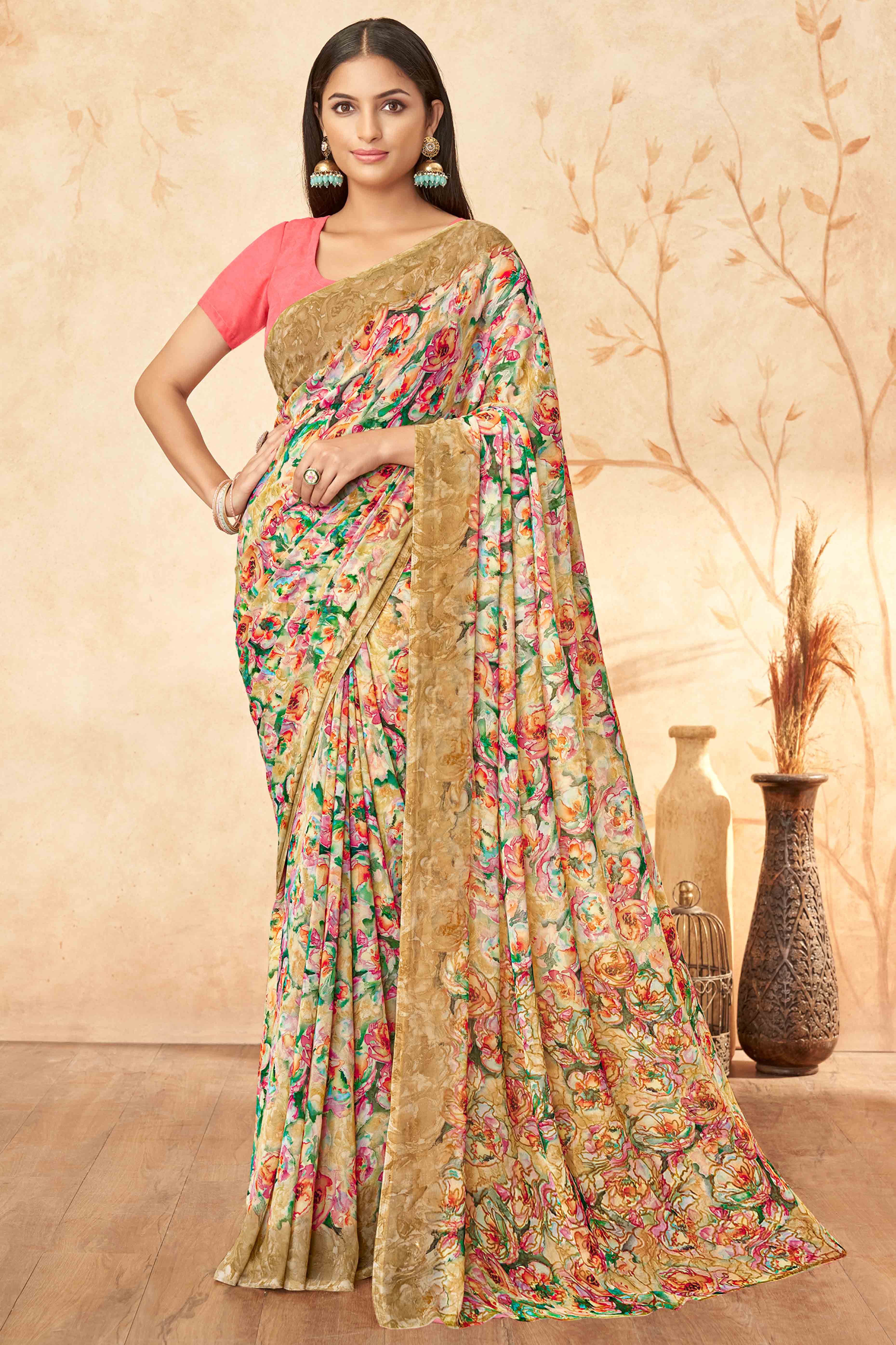 Beige Floral Printed Georgette Saree
