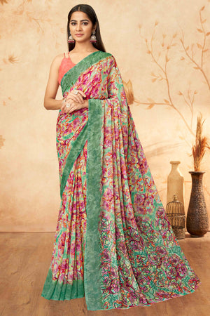 Green Floral Printed Georgette Saree