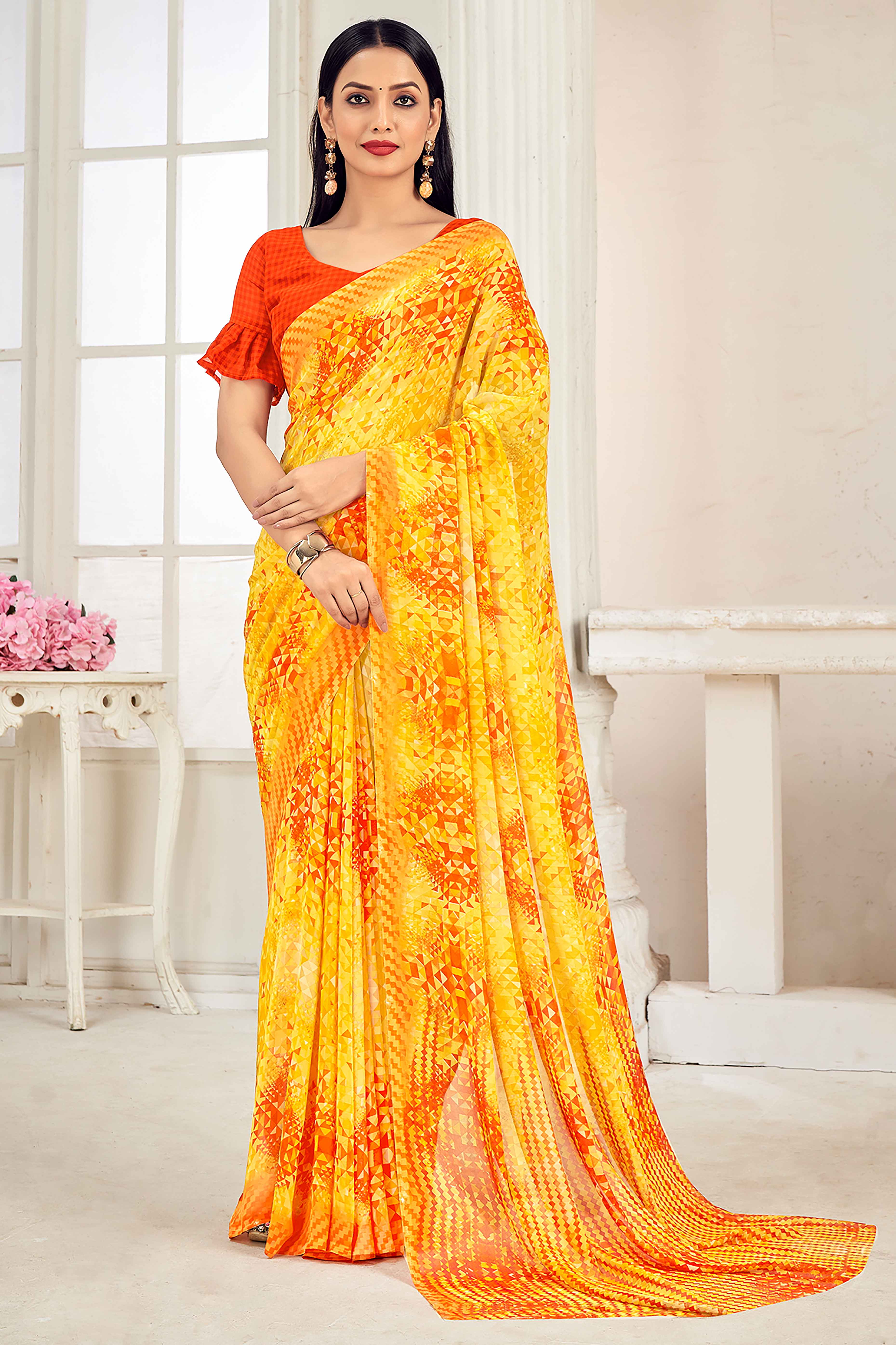 Yellow Georgette Saree Adorned With Contemporary Geometric Print