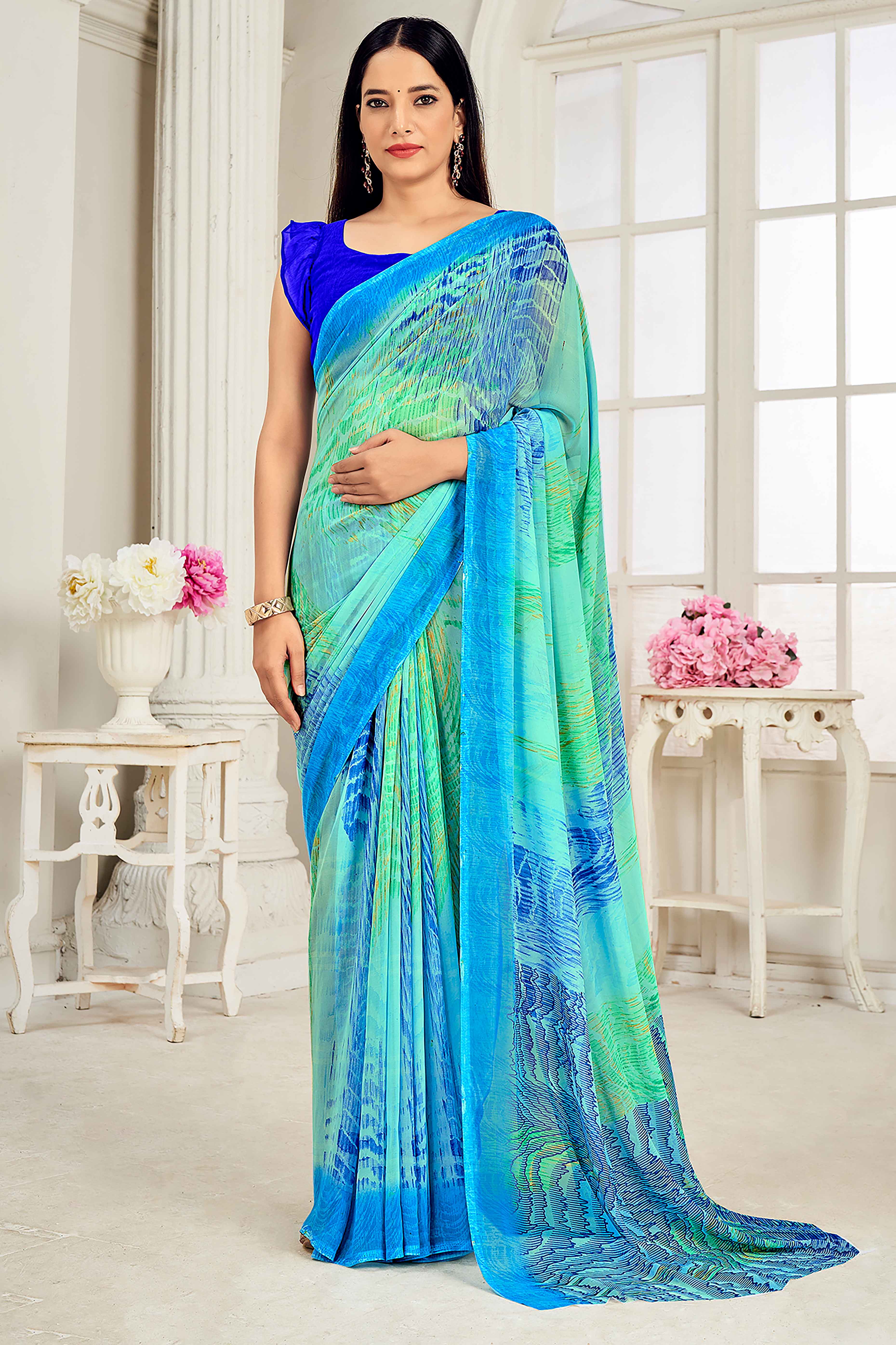 Blue Georgette Saree With Artistic Abstract Print