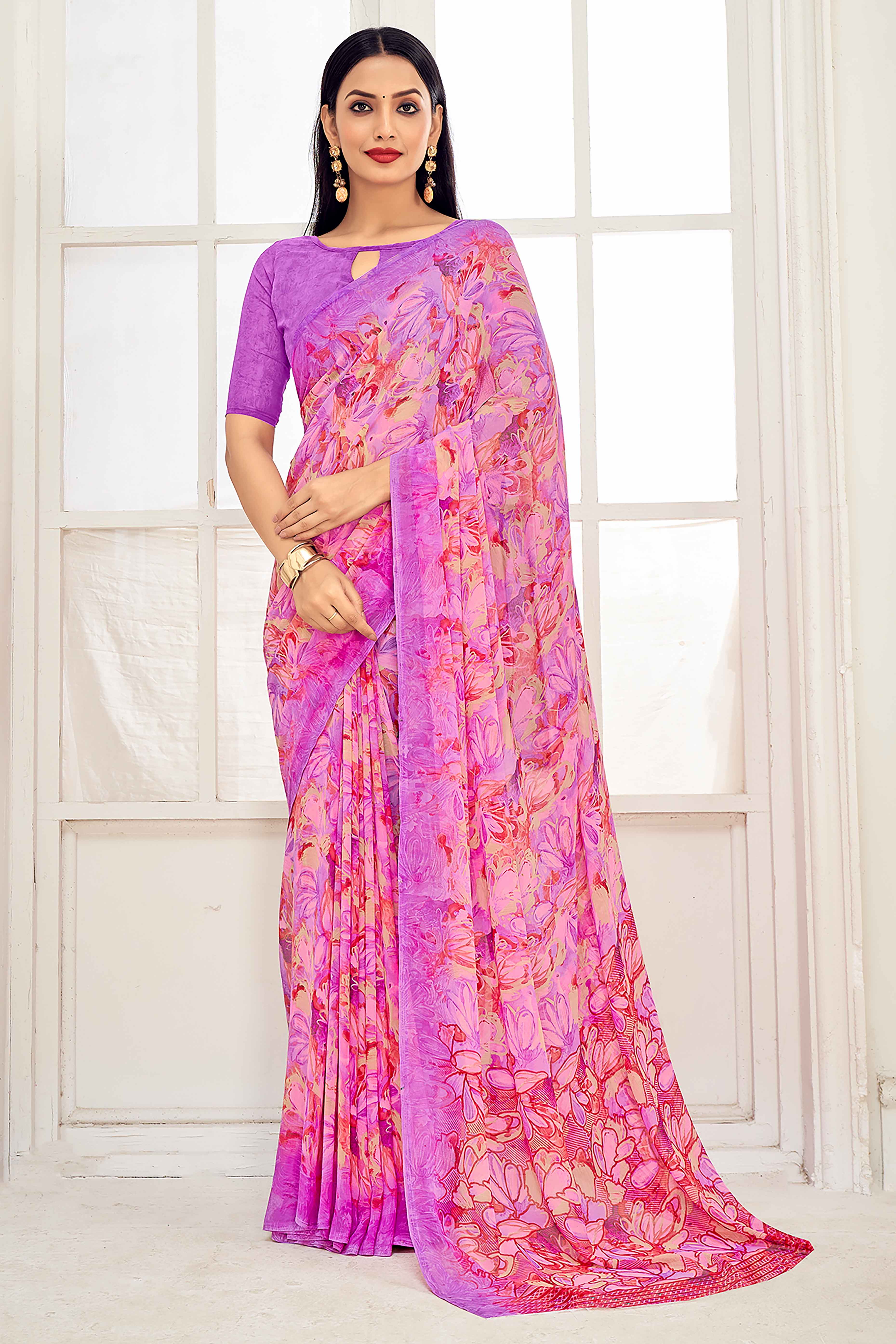 Purple Georgette Saree With Delicate Floral Print