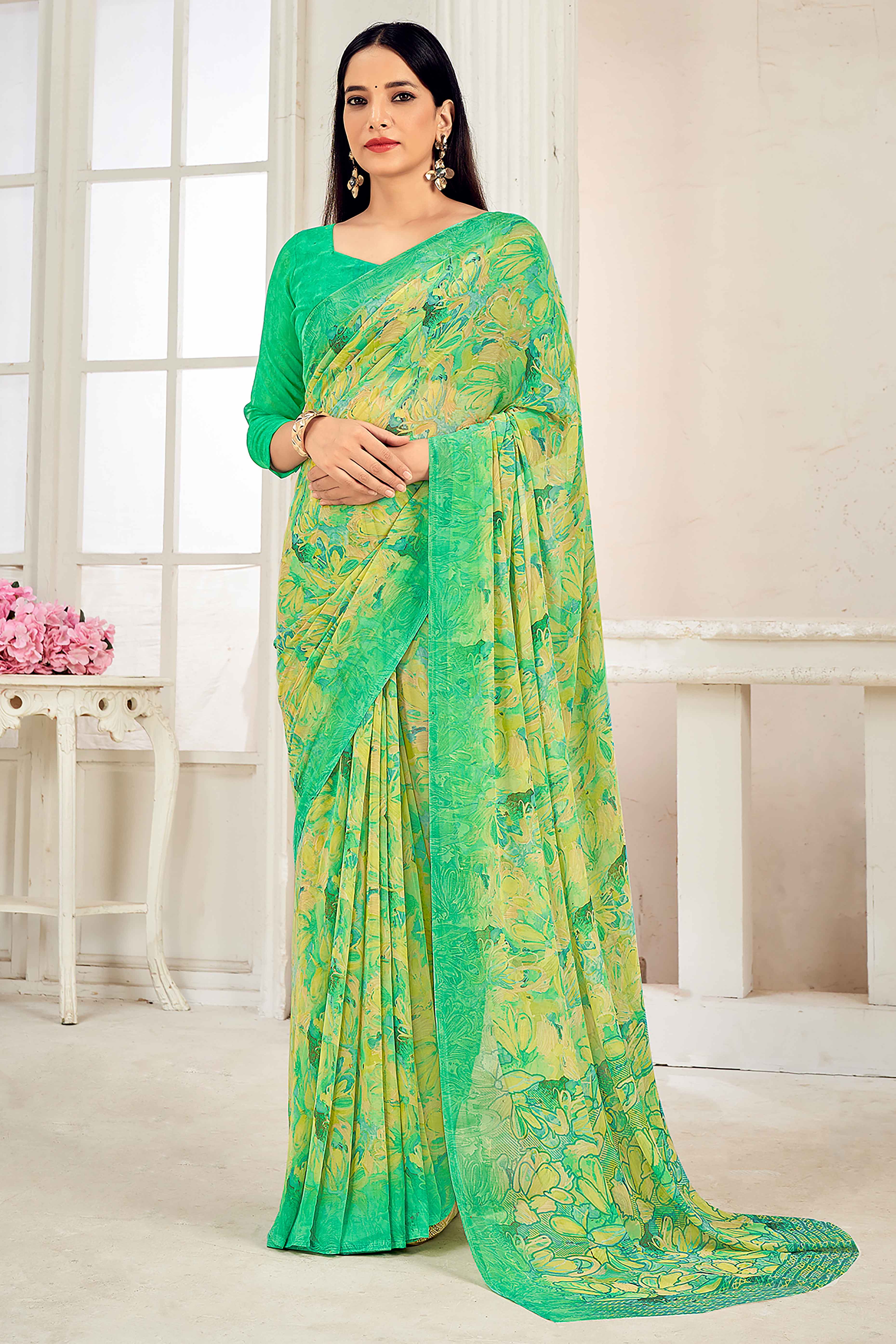 Green Georgette Saree With Delicate Floral Print