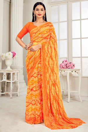 Orange Georgette Saree With Artistic Abstract Print