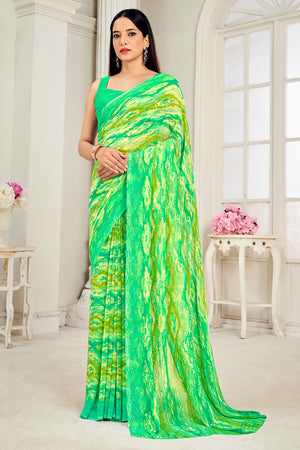 Green Georgette Saree With Artistic Abstract Print