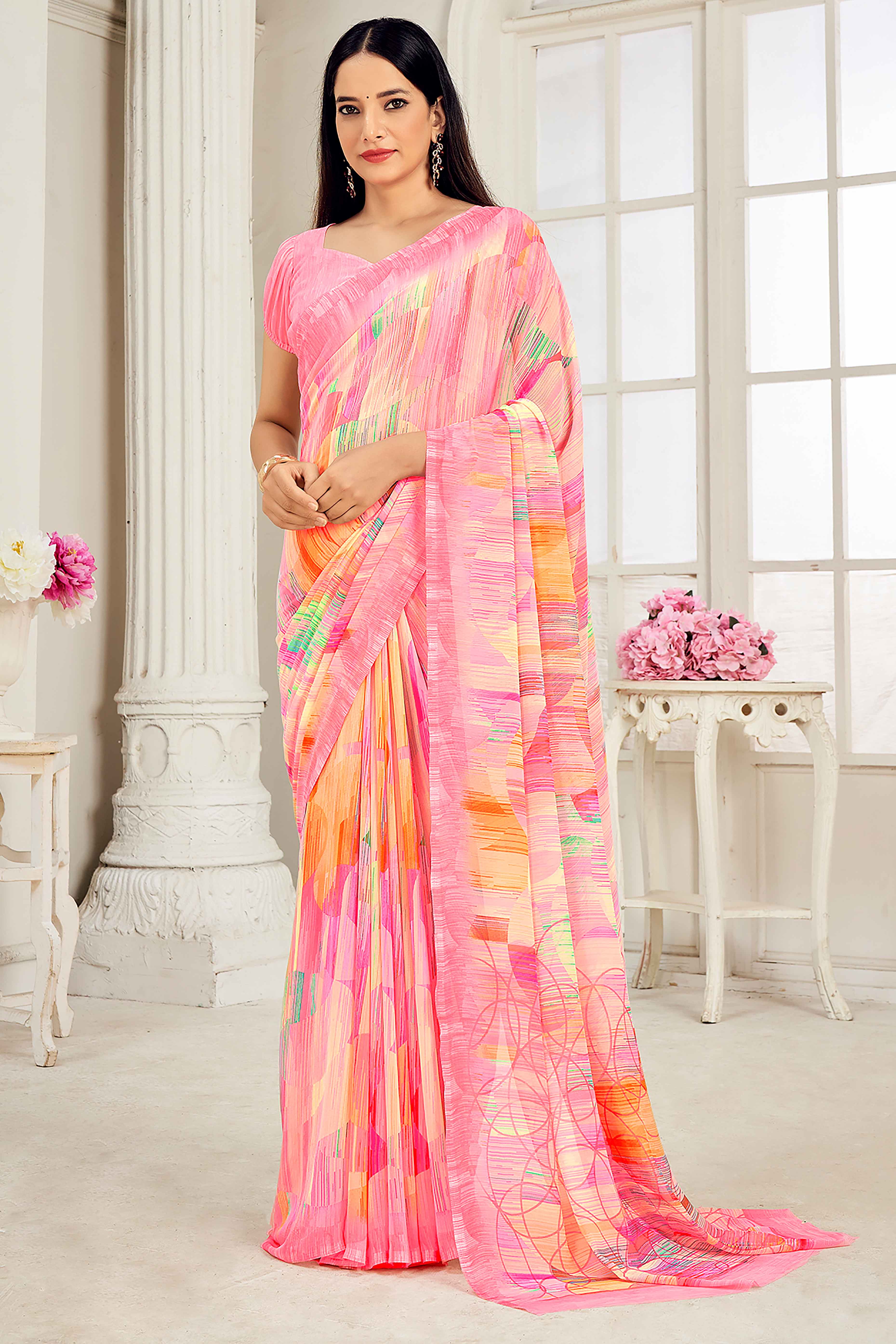 Light Pink Georgette Saree Adorned With Contemporary Geometric Print