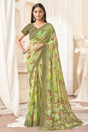 Olive Green Georgette Saree With Delicate Floral Print