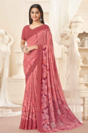 Coral Pink Georgette Saree With Delicate Floral Print