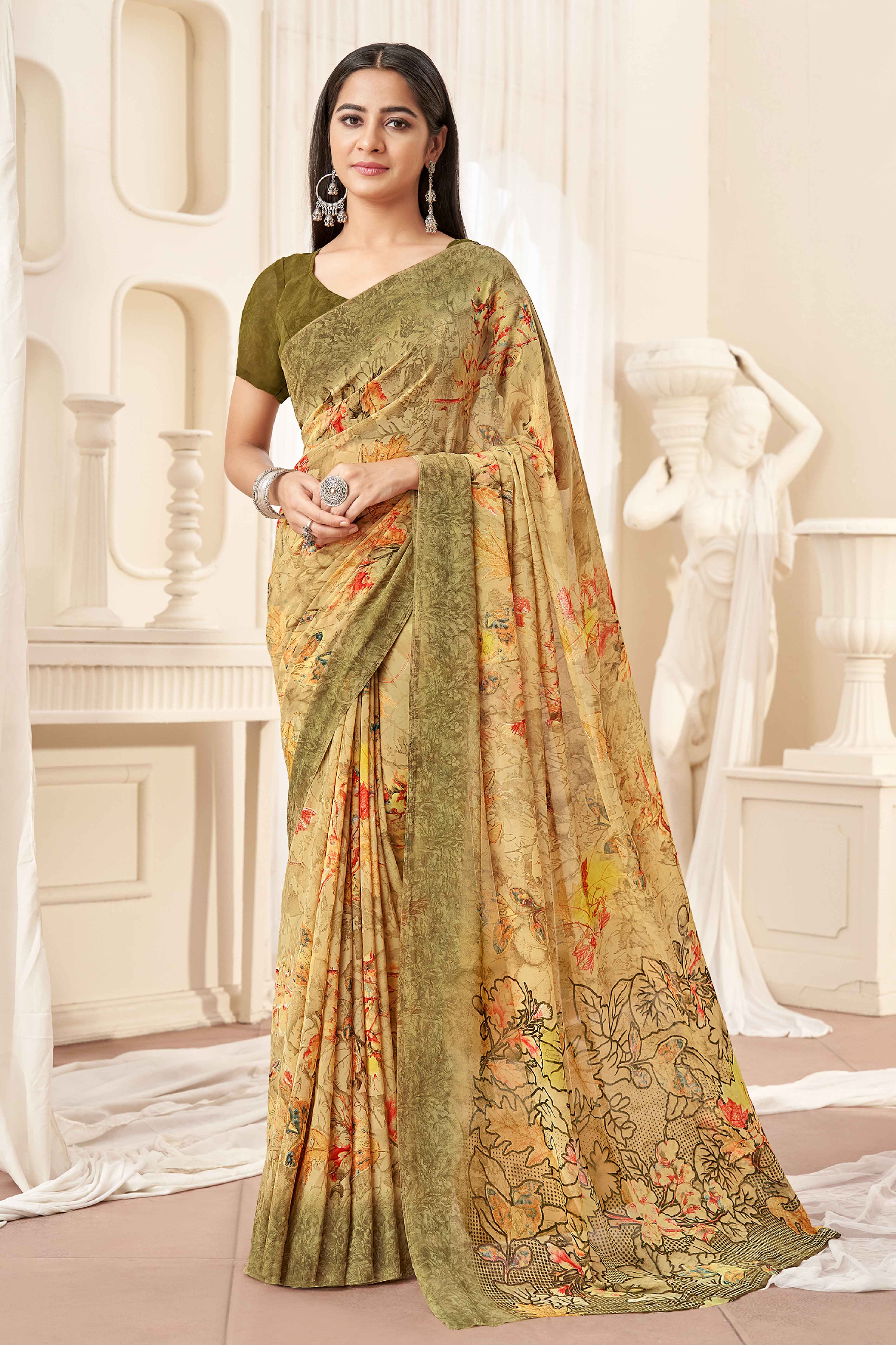 Beige Georgette Saree With Delicate Floral Print