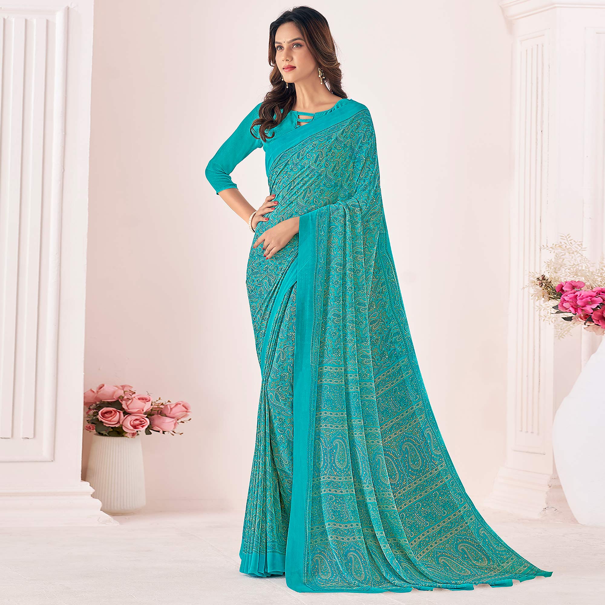 Rama Blue Printed Georgette Saree