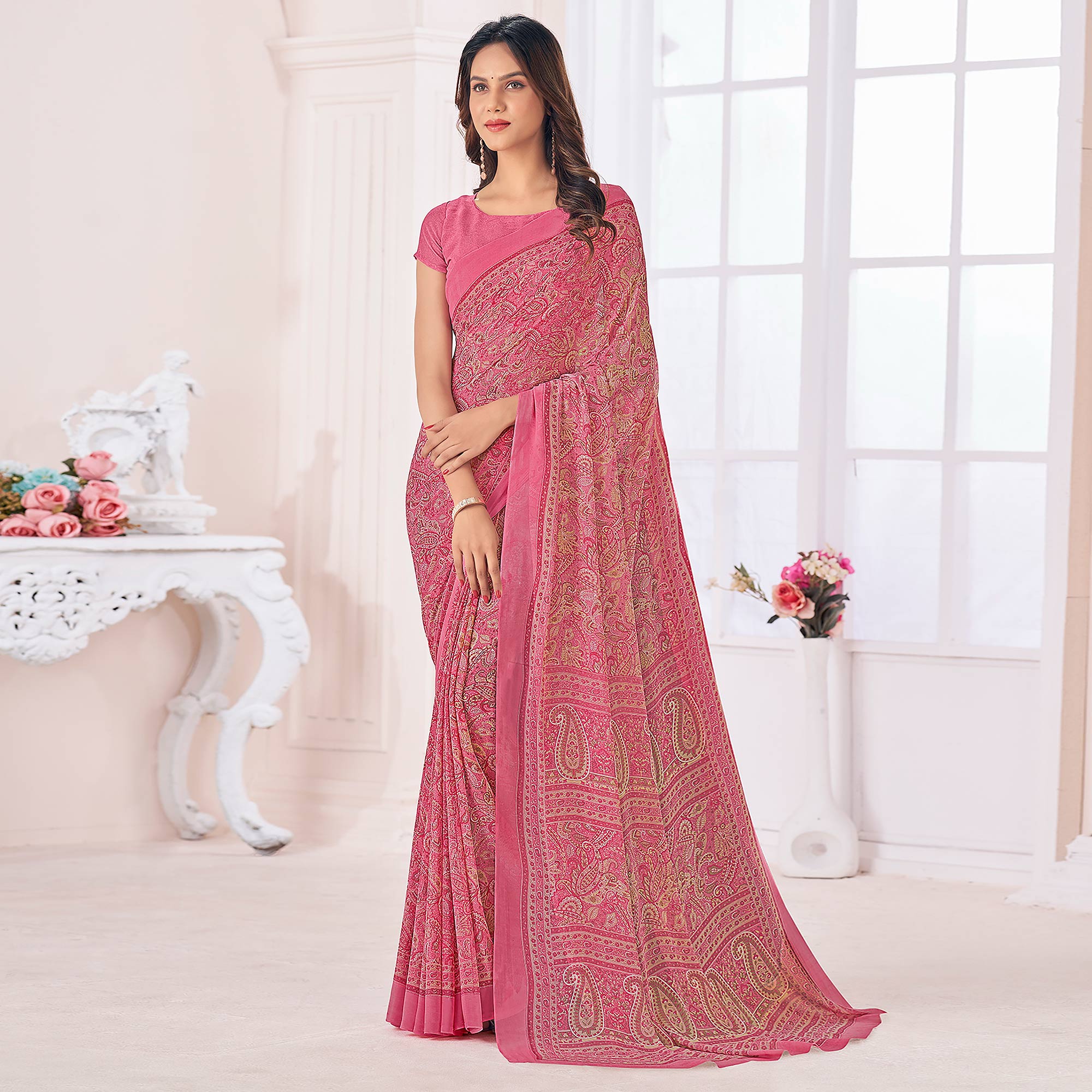 Pink Printed Georgette Saree