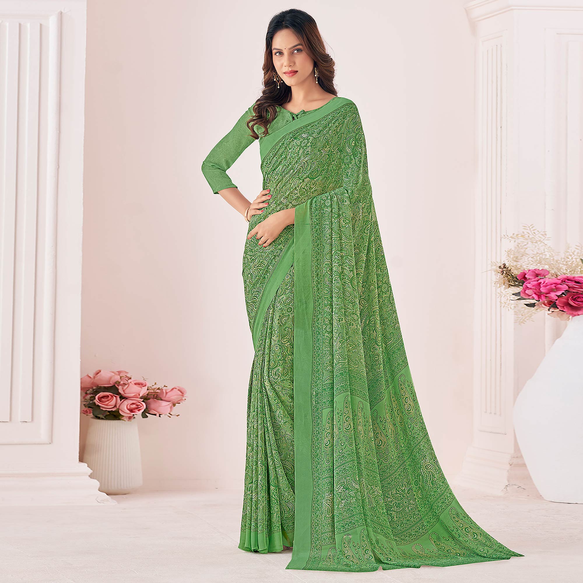 Green Printed Georgette Saree
