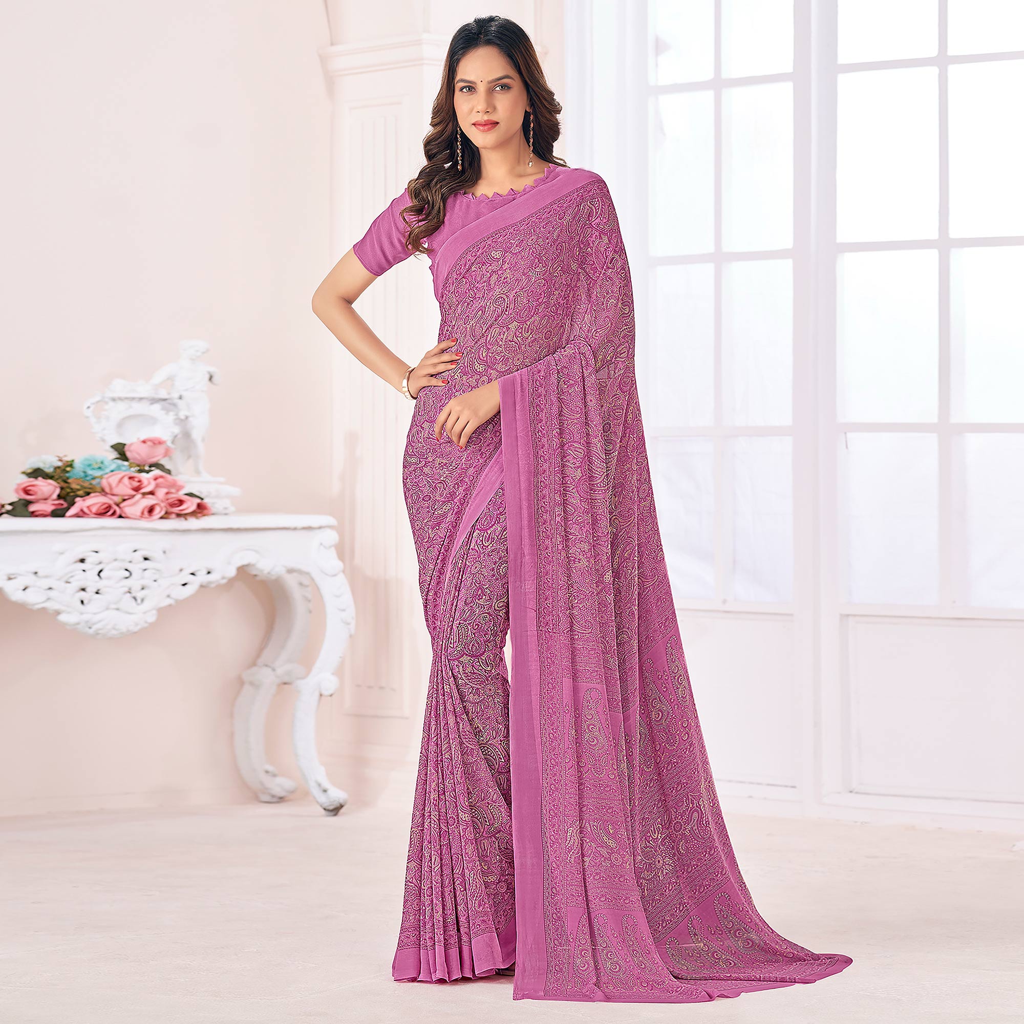 Purple Printed Georgette Saree