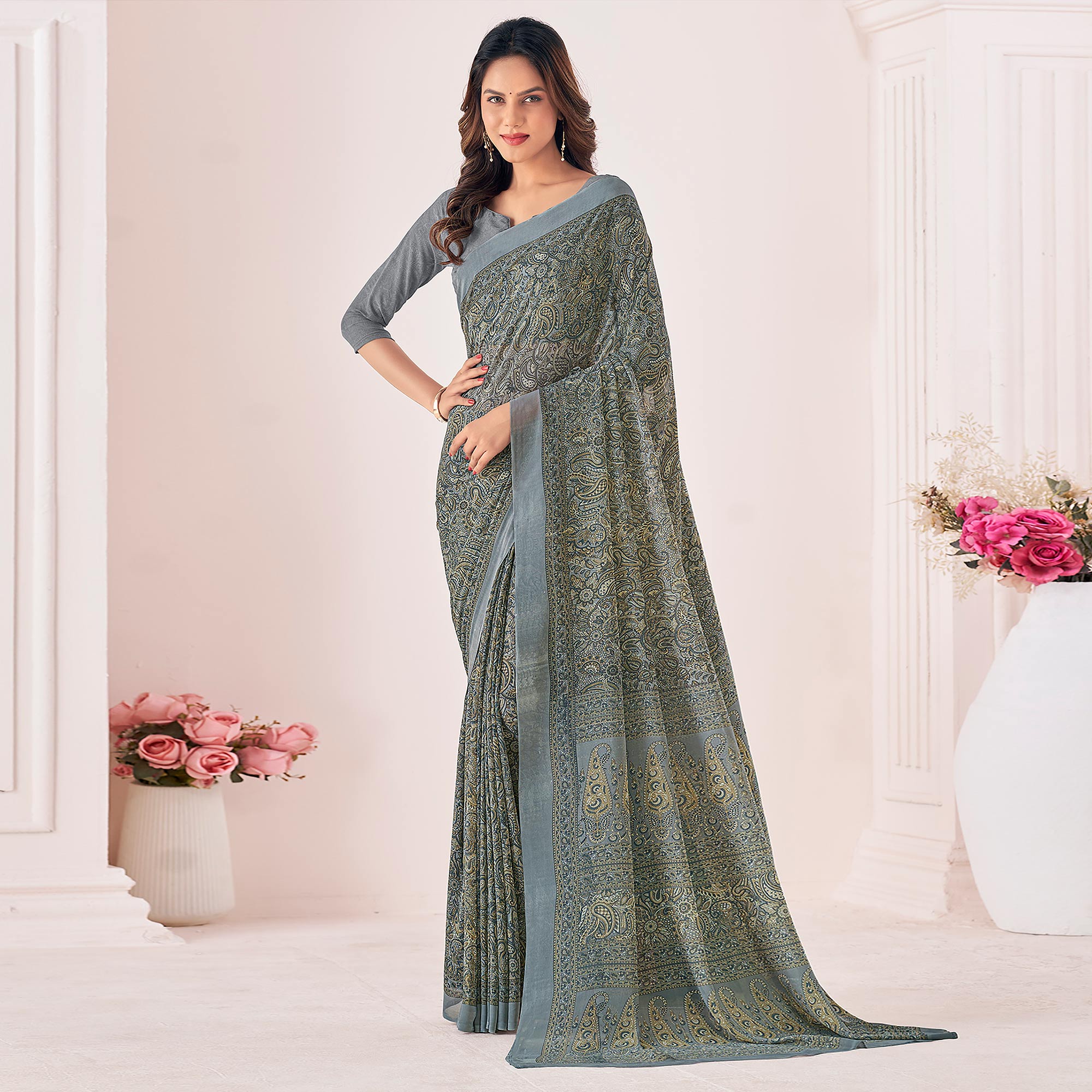 Grey Printed Georgette Saree