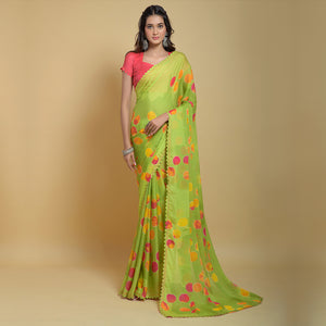 Lime Green Printed Georgette Saree With Swarovski Border